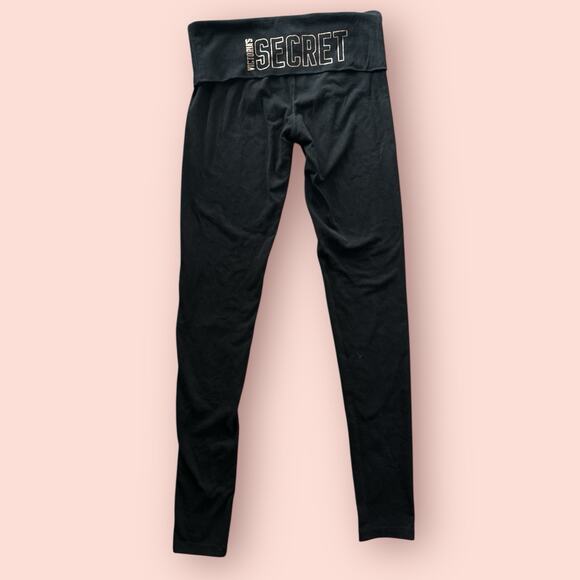 Y2K Victoria's Secret VS Foldover Fitted Leggings Gold Wing Small Black Low Rise - Picture 4 of 5